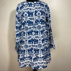 The Company Store Elephant Print Night Gown Sz Medium Blue White Buttons Pockets